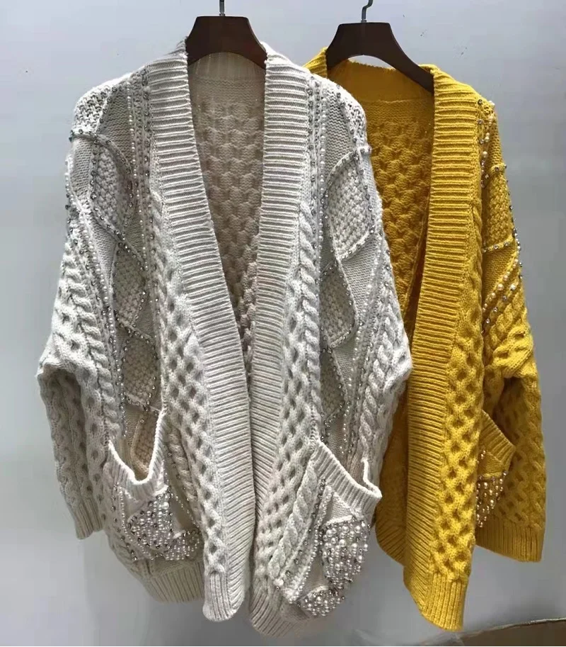 

Top Quality New Cardigan Coats 2021 Autumn Winter Casual Outwear Women Twist Knitting Beading Deco Long Sleeve Beige Yellow Coat