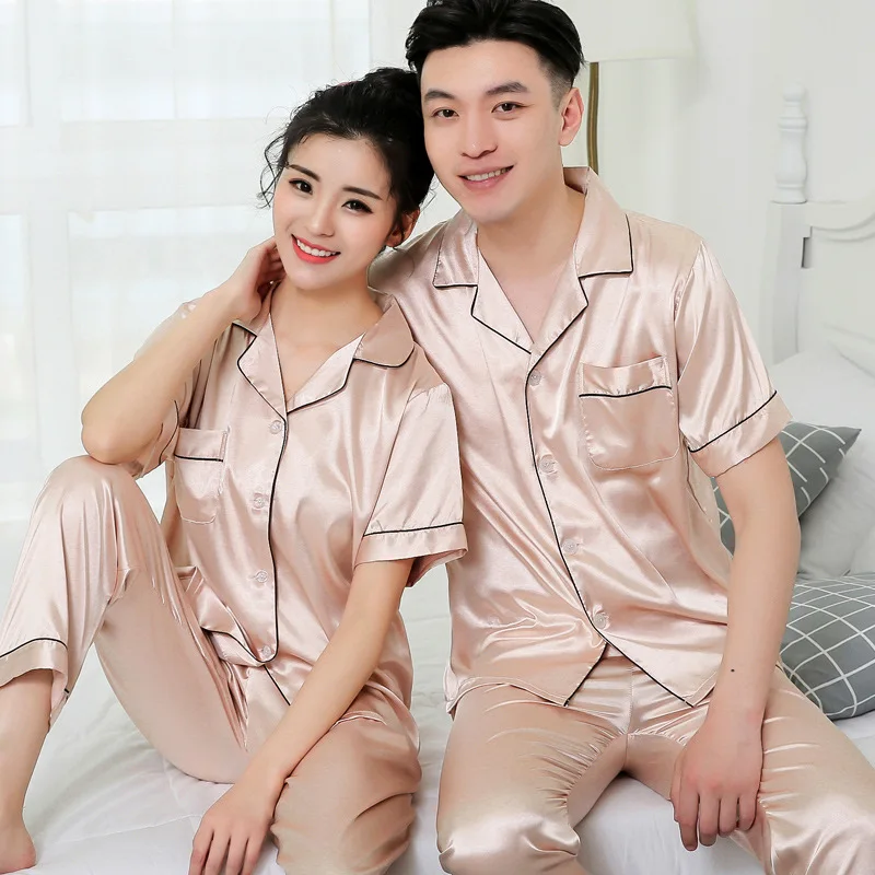 

Couple Pajamas Silk Stain Women Men Sleepwear Homewear Champagne Pajamas for Women Men