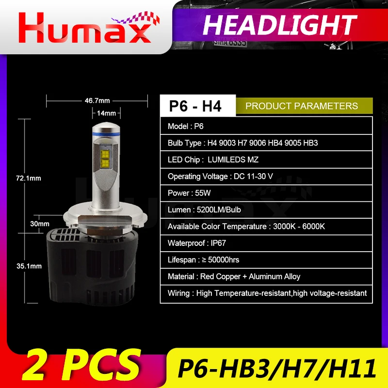 P6 2X 3000K H4 светодиодный Светодиодный H7 H11 H8 HB3 Авто головной светильник 55 Вт 8000LM