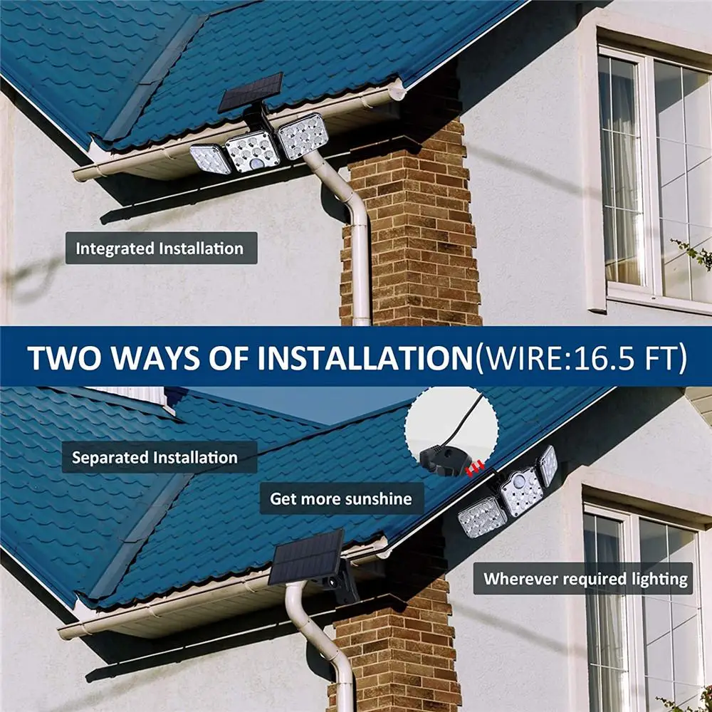 

138 LED Solar Lights Outdoor 3 Head Motion Sensor 270 Wide Angle Illumination Super Bright Waterproof Remote Control Wall Lamp