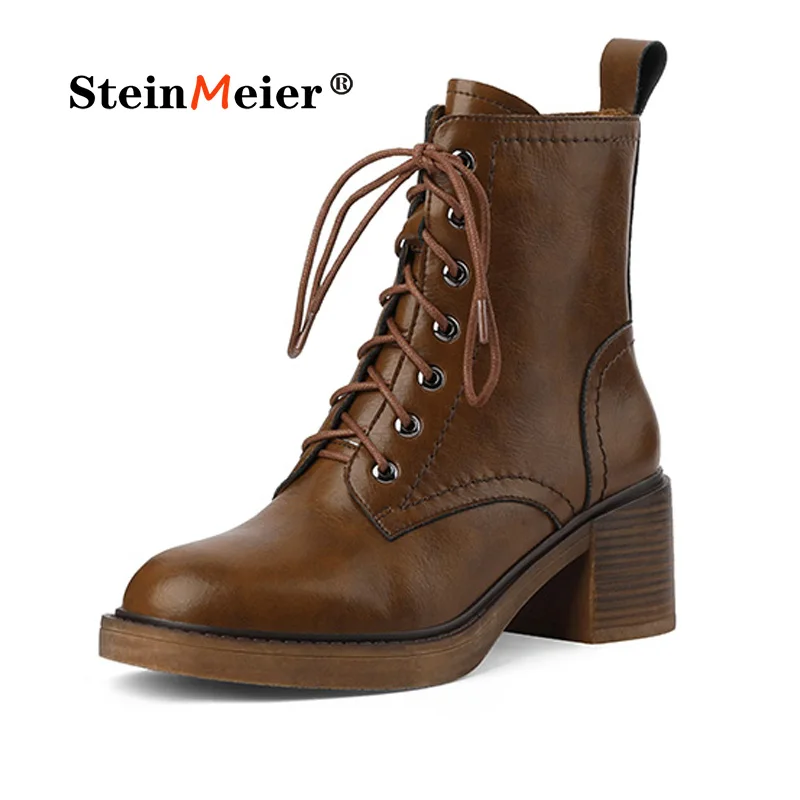 

Ankle Boots Women Genuine Cow Leather Retro Fashion Zipper Laces Lady Motorcycle Shoes High Heels Handmade Winter Shoes