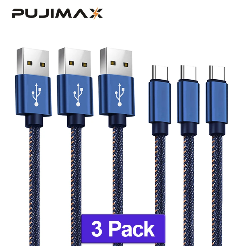 PUJIMAX 3 упаковки 2.4A usb type C кабель джинсовая плетеная Быстрая зарядка данных USB для