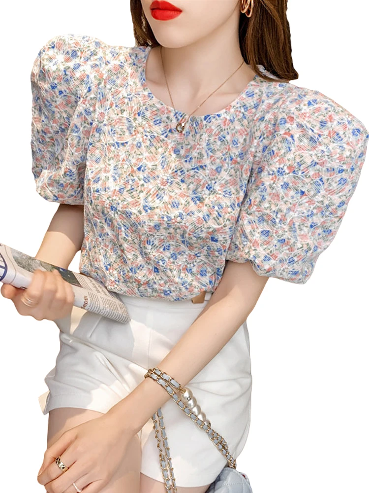 

French retro floral round neck puff sleeve blouse women's summer 2021 new western style loose wild thin shirt