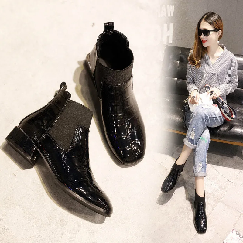 2021 autumn new patent leather Martin boots women's belt single shoes square head low-heeled stone ankle | Обувь
