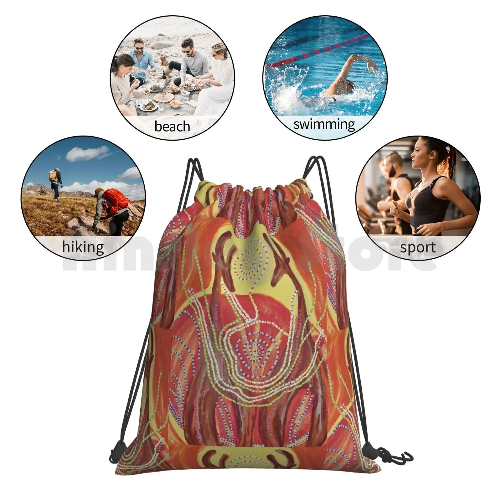 

Being Backpack Drawstring Bags Gym Bag Waterproof Giraffe Kangaroo Africa Australia Original Painting Dots Spiral Swirl