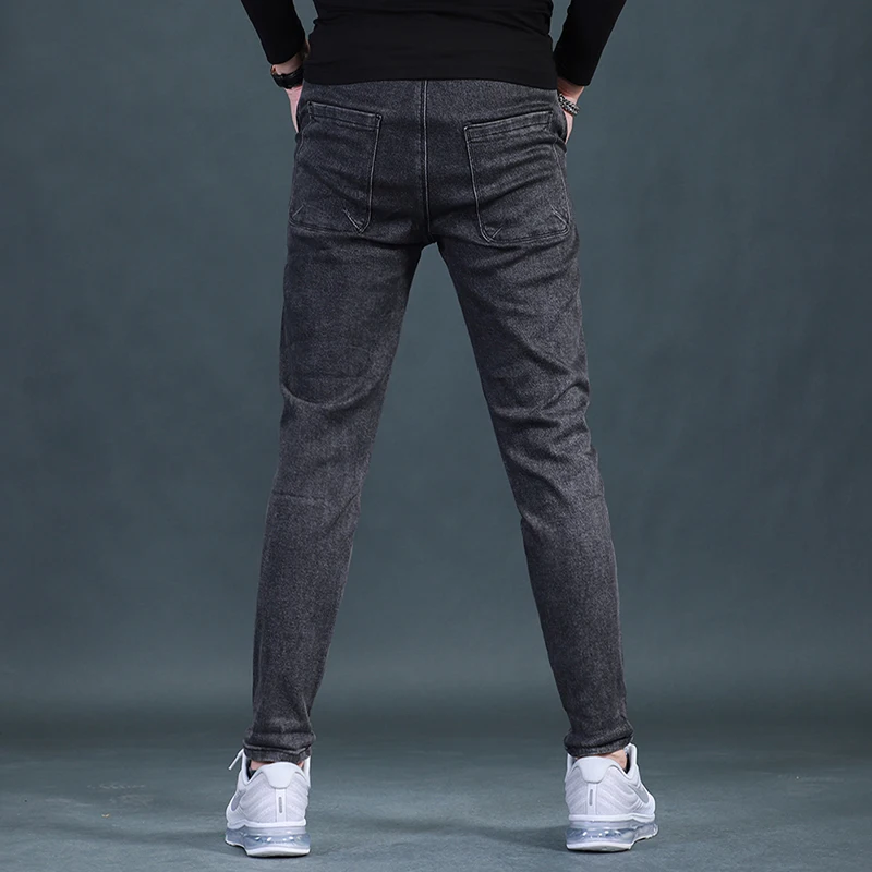 

Men Drawstring Black Jeans Korean Style Casual Slim Fit Pencil Pants Korean Style Elastic waist Denim Trousers