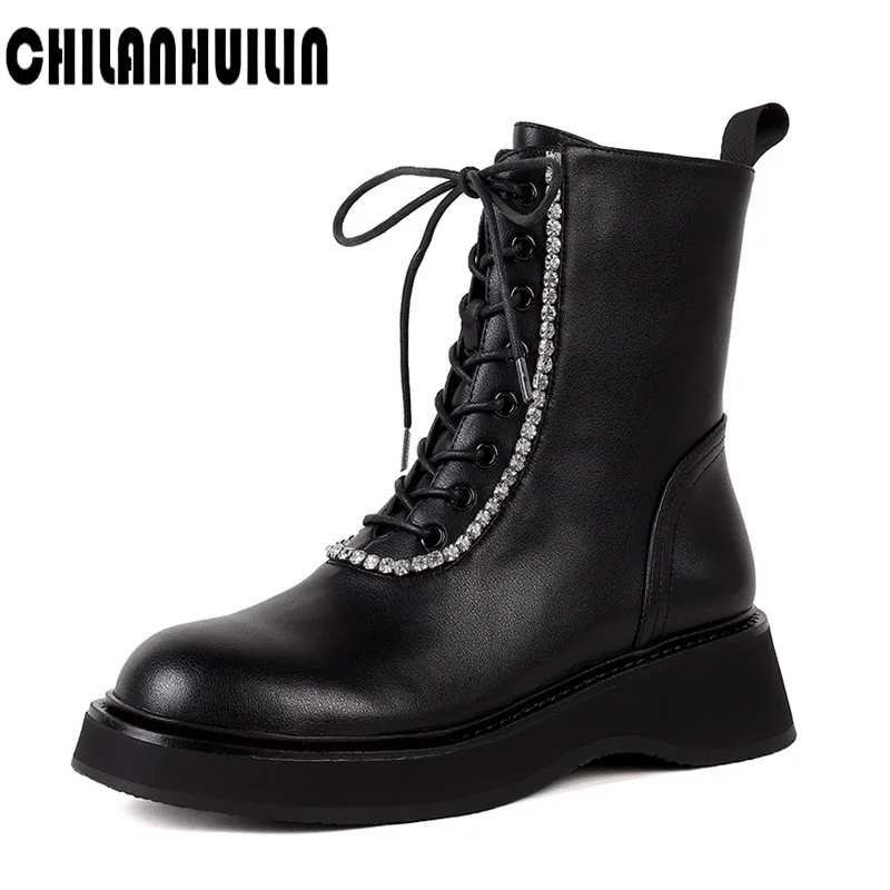 

classic lace-up brand design leather ankle boots for women autumn winter snow long boots army boots women casual wedge shoes