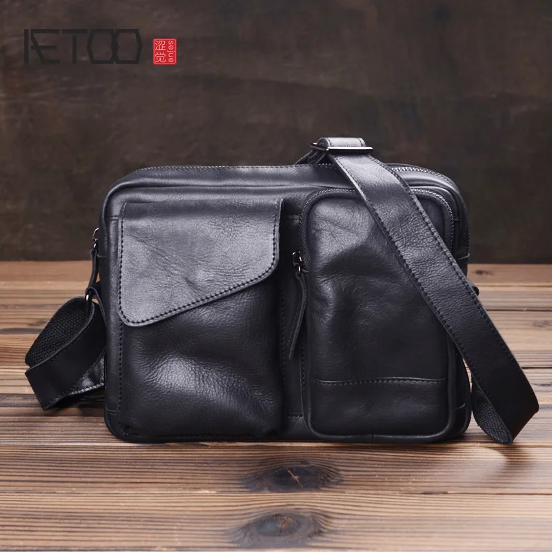 

AETOO Simple one-shoulder bag, leather slant bag, casual hundred with student bag, large-capacity men's postman bag