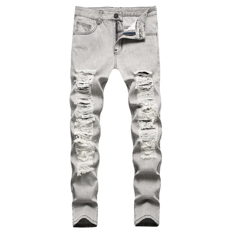 

2021 Men's New Loose Washed Straight Ripped Gray Casual Jeans
