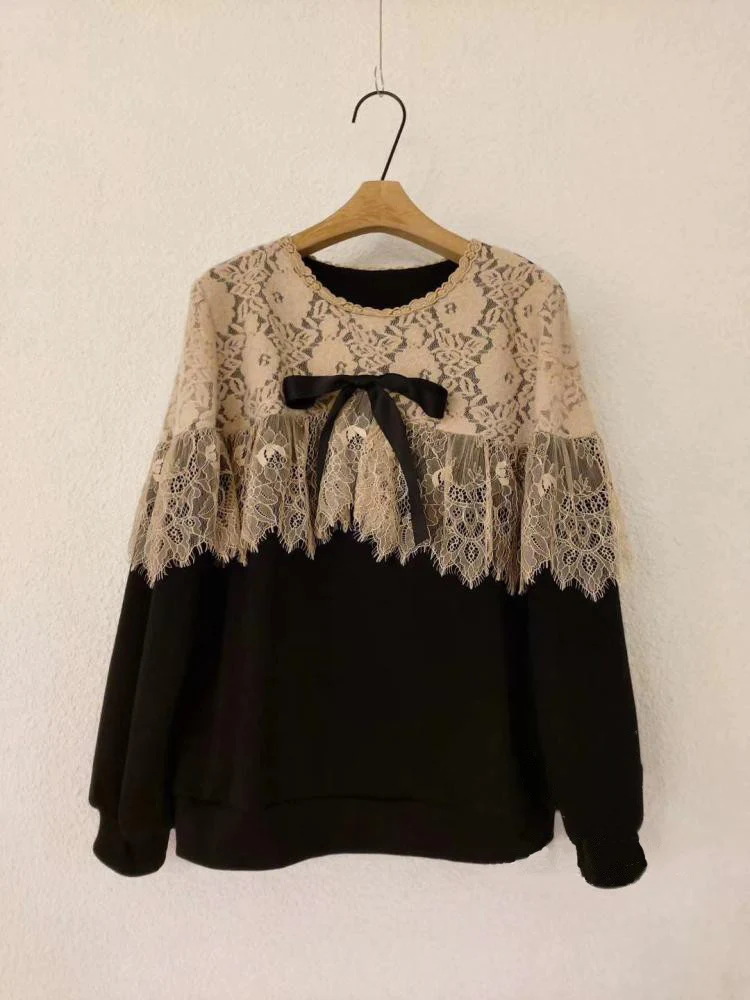 

South Korea Dongdaemun 2021 winter new lotus root pink lace lotus leaf collar spliced bow round collar hoodie