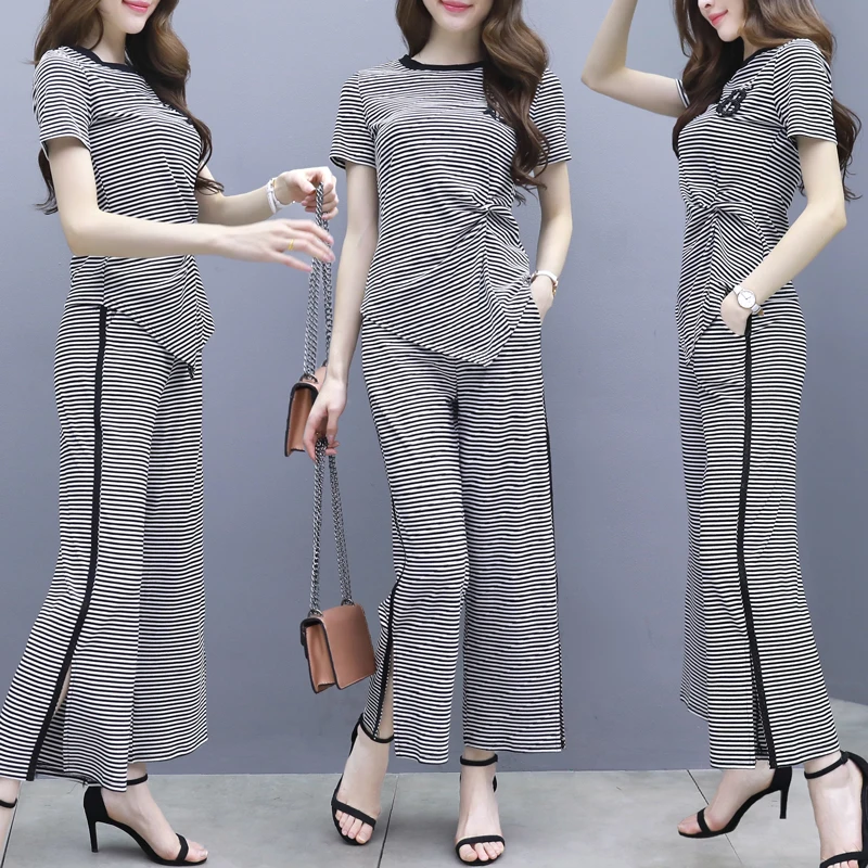 Полосатый широкий брючный костюм 2019 Весна и лето женский новый темперамент