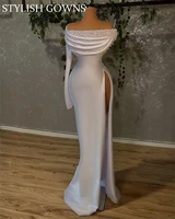 boho luxury white ruffles pleats beaded pearls wedding dress strapless mermaid high slit bridesmaid dresses party for women