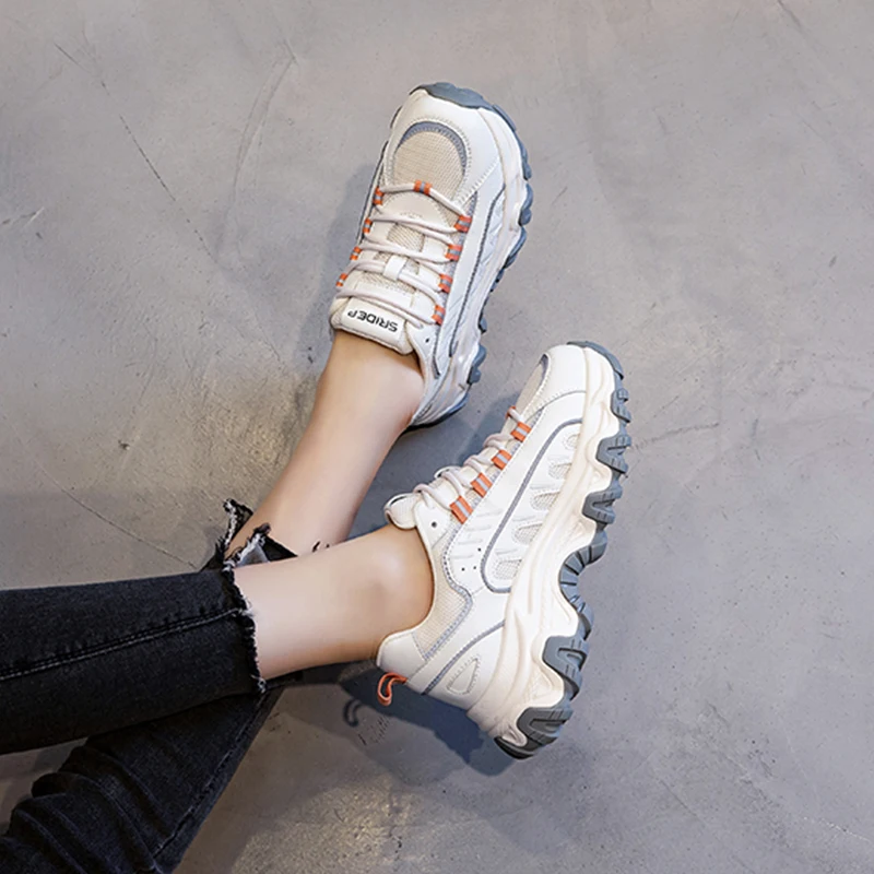 

2021 New Women Sneakers Leather White Mixed Colors Fashion Sneakers Lace Up Platform Thick Bottom Women Casual Shoes