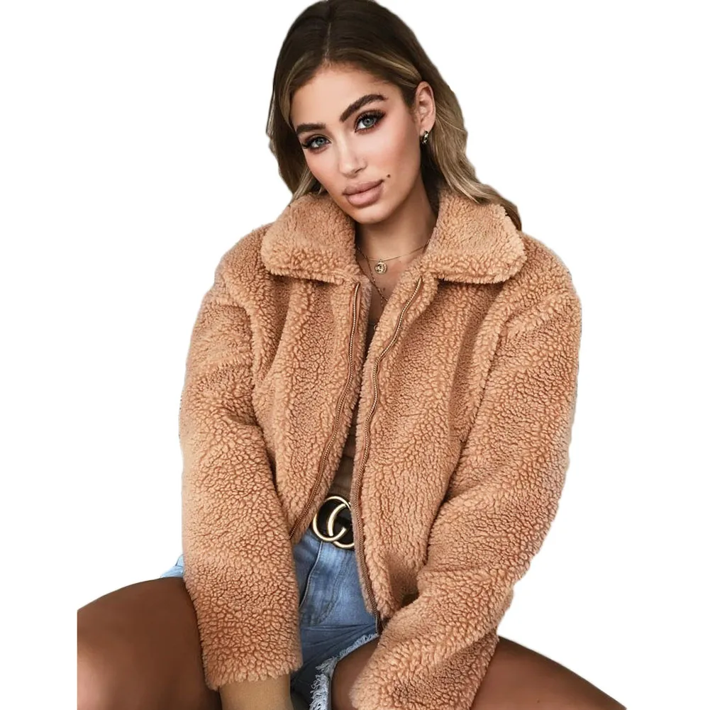 2019 Autumn Winter Faux Fur Coat Women Warm Soft Zipper Jacket Female Plush Overcoat Pocket Casual Elegant Teddy Outwear | Женская