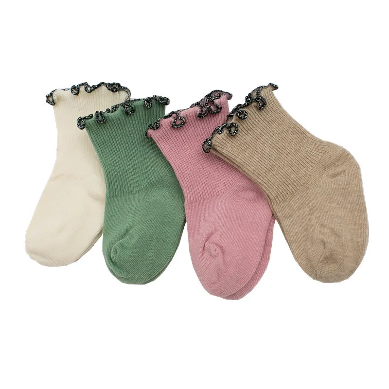 

Children's Socks Spring and Autumn Silver Silk Wood Ear Girls Socks Solid Color Lace Baby Socks 4 pairs