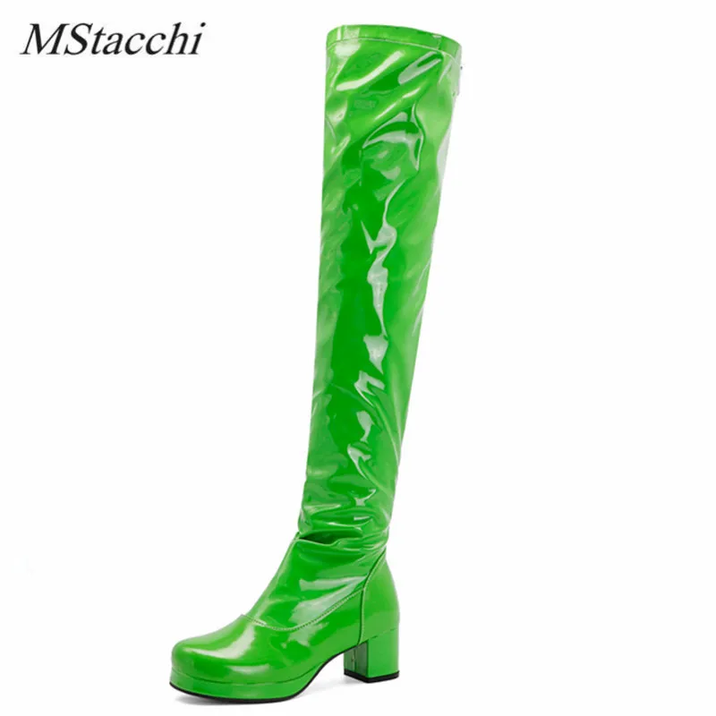 

Модные женские сапоги MStacchi из лакированной кожи на массивном каблуке, вечерняя Обувь на молнии сзади, зимние плюшевые сапоги выше колена, бо...