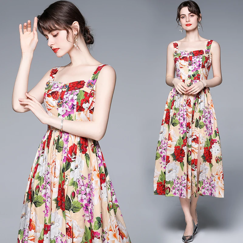 Summer Fashion Women Elegant Empire Waist Floral Print A Line Dress vestido Lady's Casual Flower Printing Long Dresses