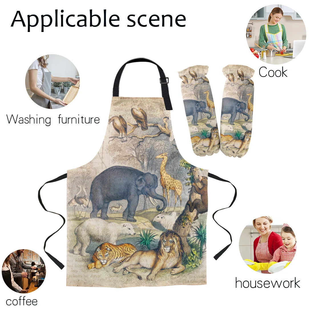 Vintage Elephant Lion Tiger Forest Kitchen Aprons Chef for Woman Kids Home Decor Apron Suit Gloves Cooking Baking Waist Bib Tool | Дом и сад