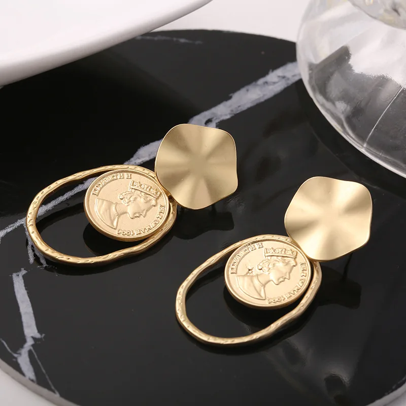 

New Style Ladies Popular Personality European and American Simple Temperament Coins Cold Wind Fashion Retro Pendant Earrings