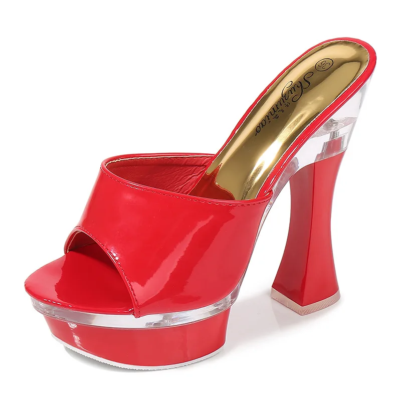 

New Sandals Sweet Ultra High Heels 14CM Transparent Crystal Shoes Wedding Shoes Red Waterproof Cooler Slides Female Summer
