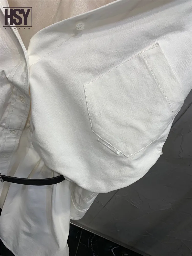 【HSY Studio】2019 new autumn women dress nets yarn vest patchwork fake two piece black belt off shoulder cotton white shirt | Женская