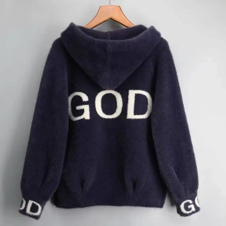 navy blue Норковый мех, осень и зима, пальто-свитер, новинка, женский свободный бархатный кардиган с длинными рукавами, свитер с капюшоном, воротник из искусственного меха - Цвет: navy blue