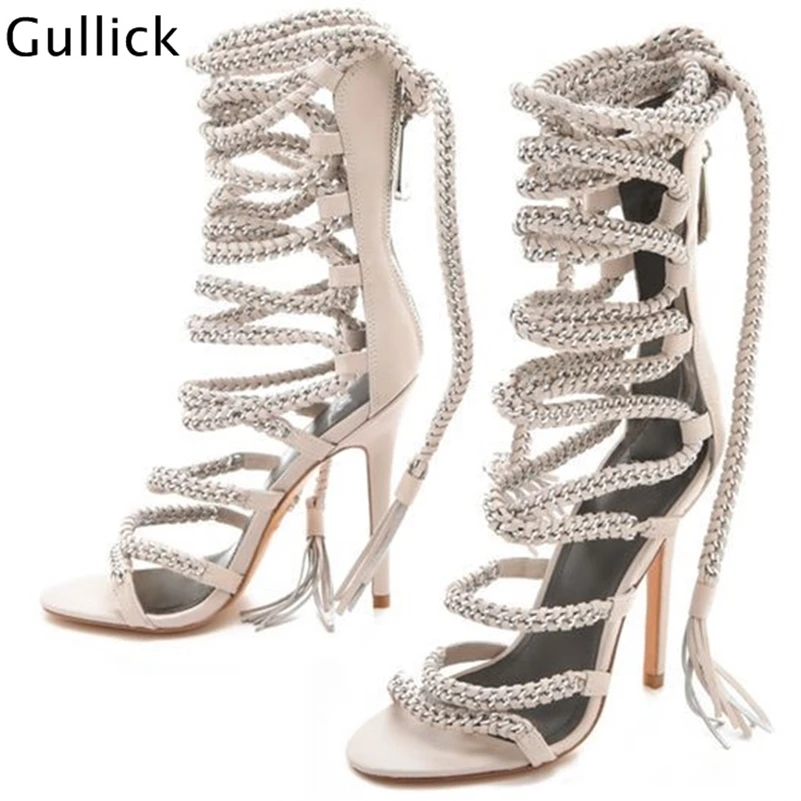 

Women Lace Up Sandals Metal Chains Winding High Heel Shoes Ankle Straps Tassel Gladiator Dress Summer Hollow Shoes Sandals