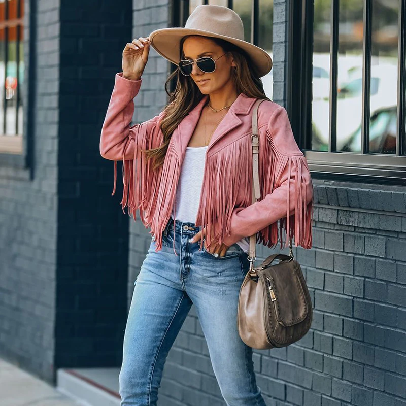 

Faux Suede Jacket Women's Motorcycle Lapel Handsome Jacket Fall 2020 Ladies Solid Fringed Short Coat Women Jackets