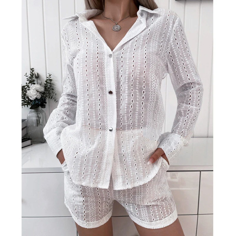 

Fashion Two-Piece Set Casual Wear Suits Set Casual wear Eyelet Button Design Top &Shorts Set