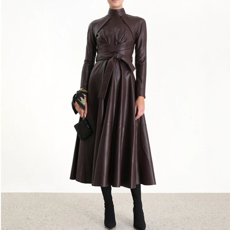 Новое подиумное кожаное PU одноцветное Платье женское ТРАПЕЦИЕВИДНОЕ Бандажное