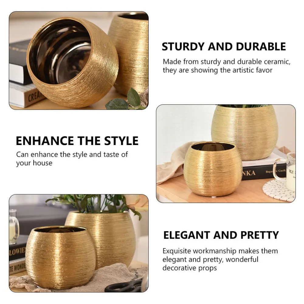 

2Pcs Round Succulent Pots Ceramic Flowerpots Plant Containers Ornament (Golden)