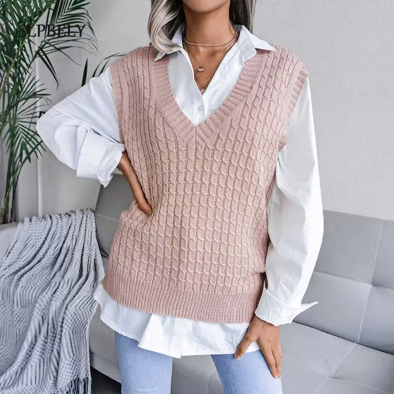 

SLPBELY Fashion Twist Sweater Vest Autumn Blue V Collar Oversize Vintage Kintted Jumper Cross Pink Femme Veste Chic Top Pullover