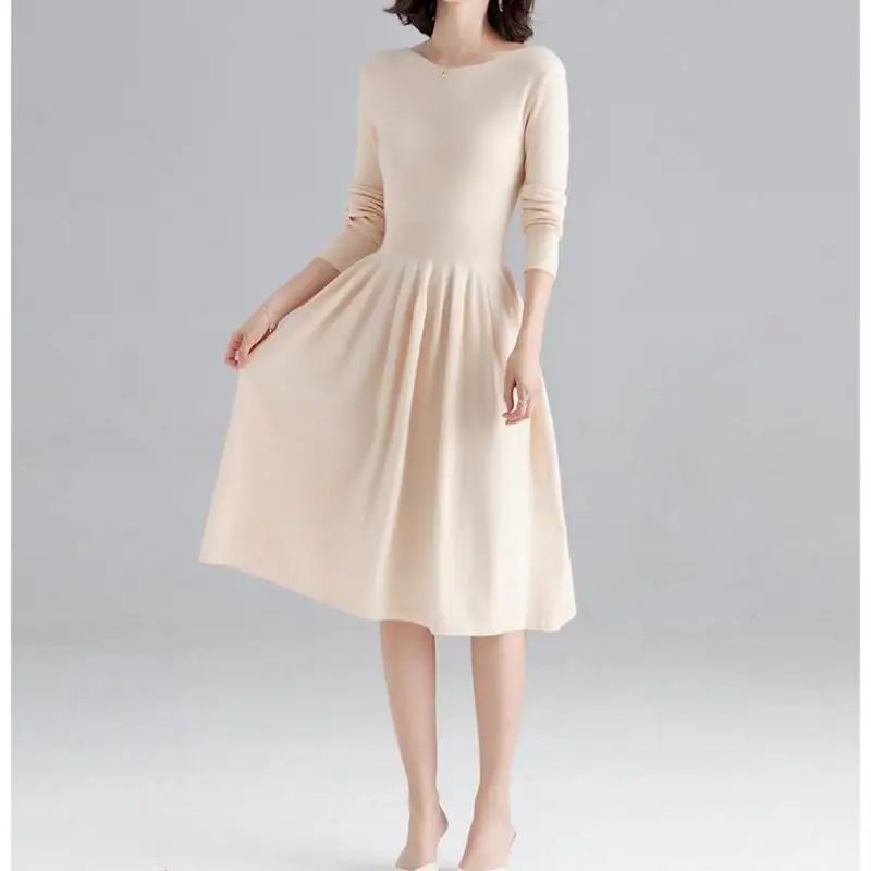 Осень-зима 2019 офисное женское трикотажное длинное платье с круглым вырезом 4