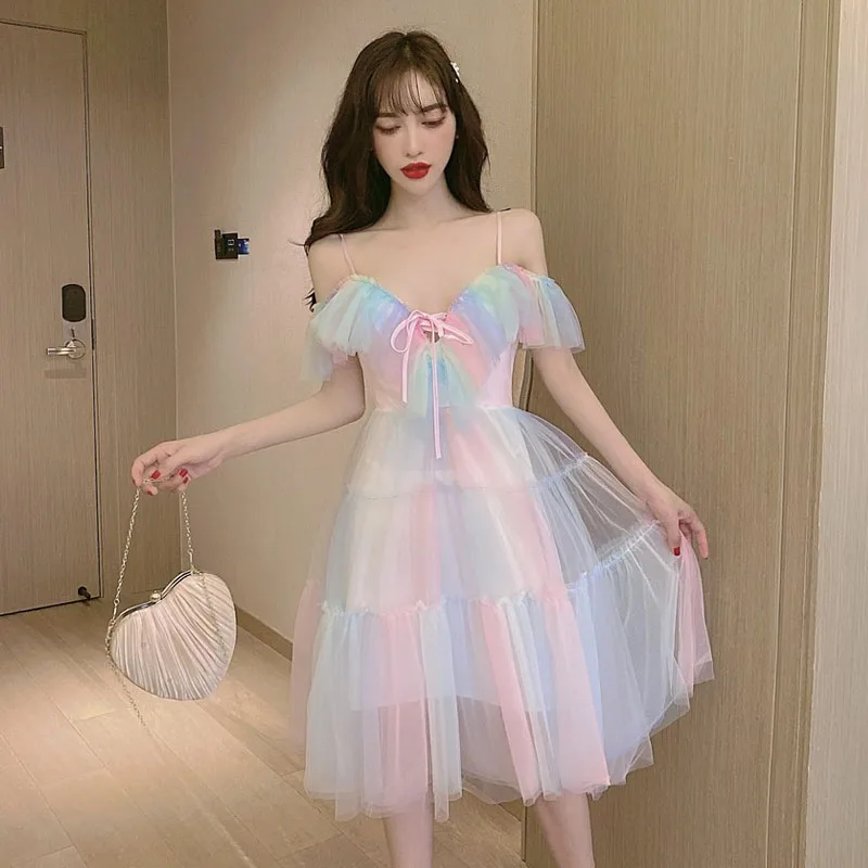 

Women Elegant Sweet Party Dresses Female Casual Sexy Patchwork Lace Chiffon Kawaii Dress Summer 2021 New Fairy Rainbow Vestidos