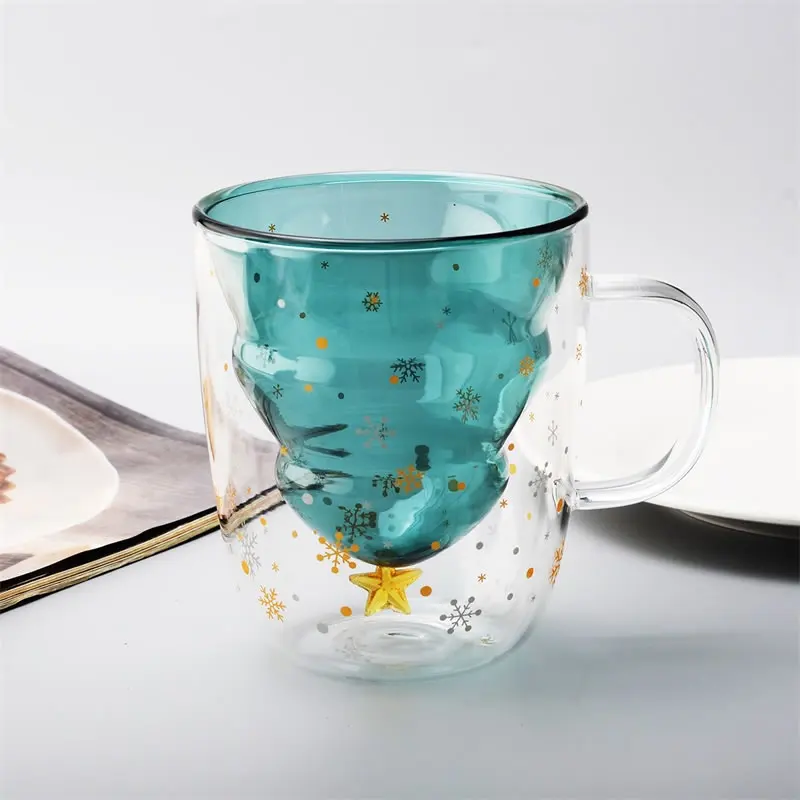 

QueenTime Double Wall Glass Mug With Handle Christmas Tree Shape Coffee Cup Heat Resistant Tea Mug Juice Drinkware Creative Gift