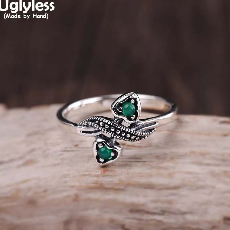 

Uglyless Spring Elements Green Zircons Crystals Hearts Rings for Women Vintage Thai Silver Rings Real 925 Silver Retro Jewelry