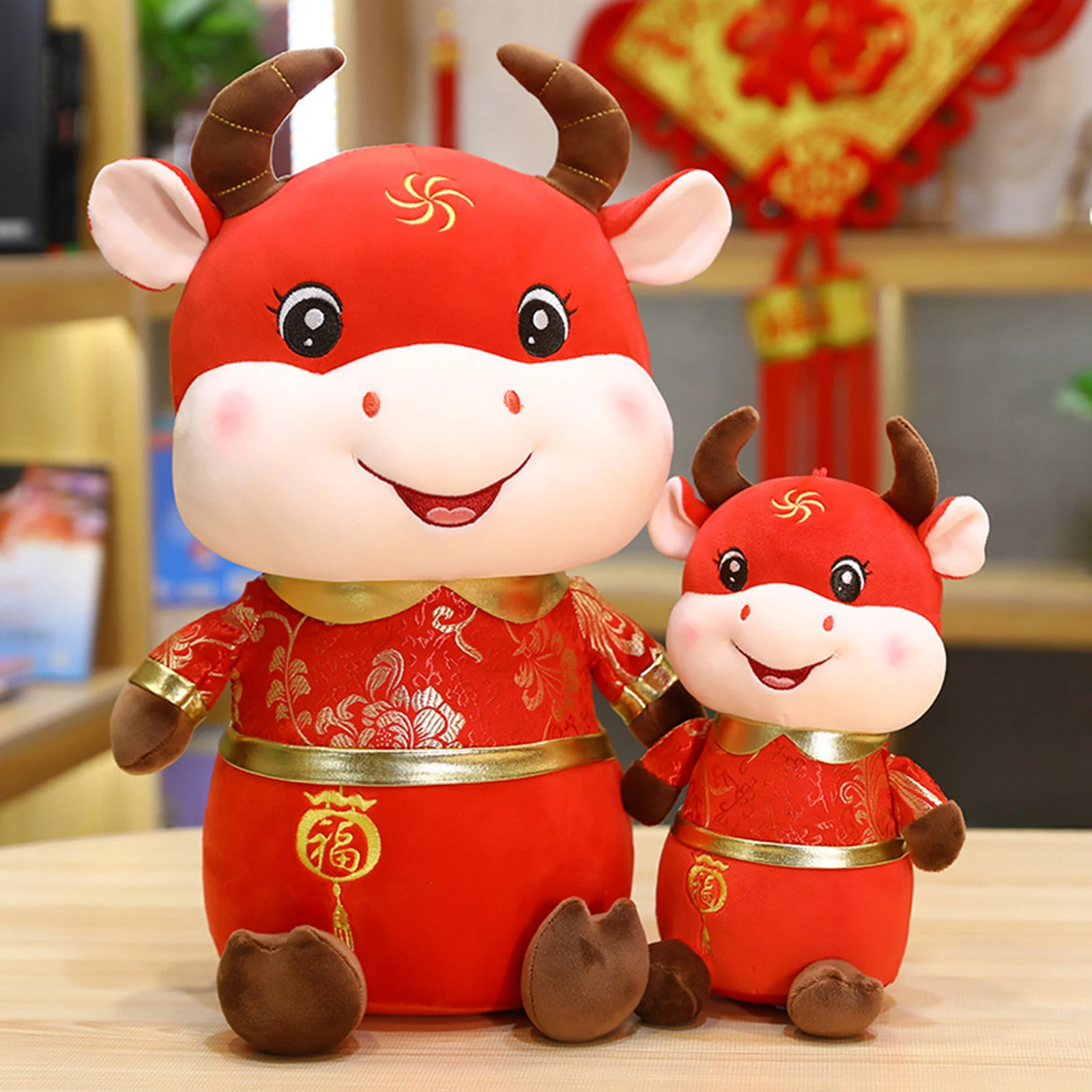 

Плюшевый бычок, 2021 год, милый китайский талисман, корова, золотистый, красный цвет, мягкие игрушки, украшение для празднования китайского Но...