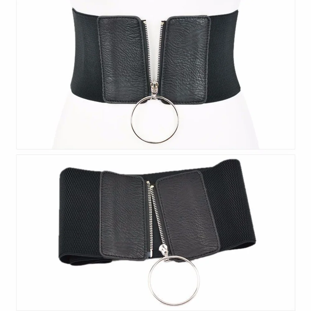 

Ultra Wide Women Dresses Belt Korean Version Big Metal Circle Ring Cummerbund Black Zipper Elastic Female Leather Waist Strap