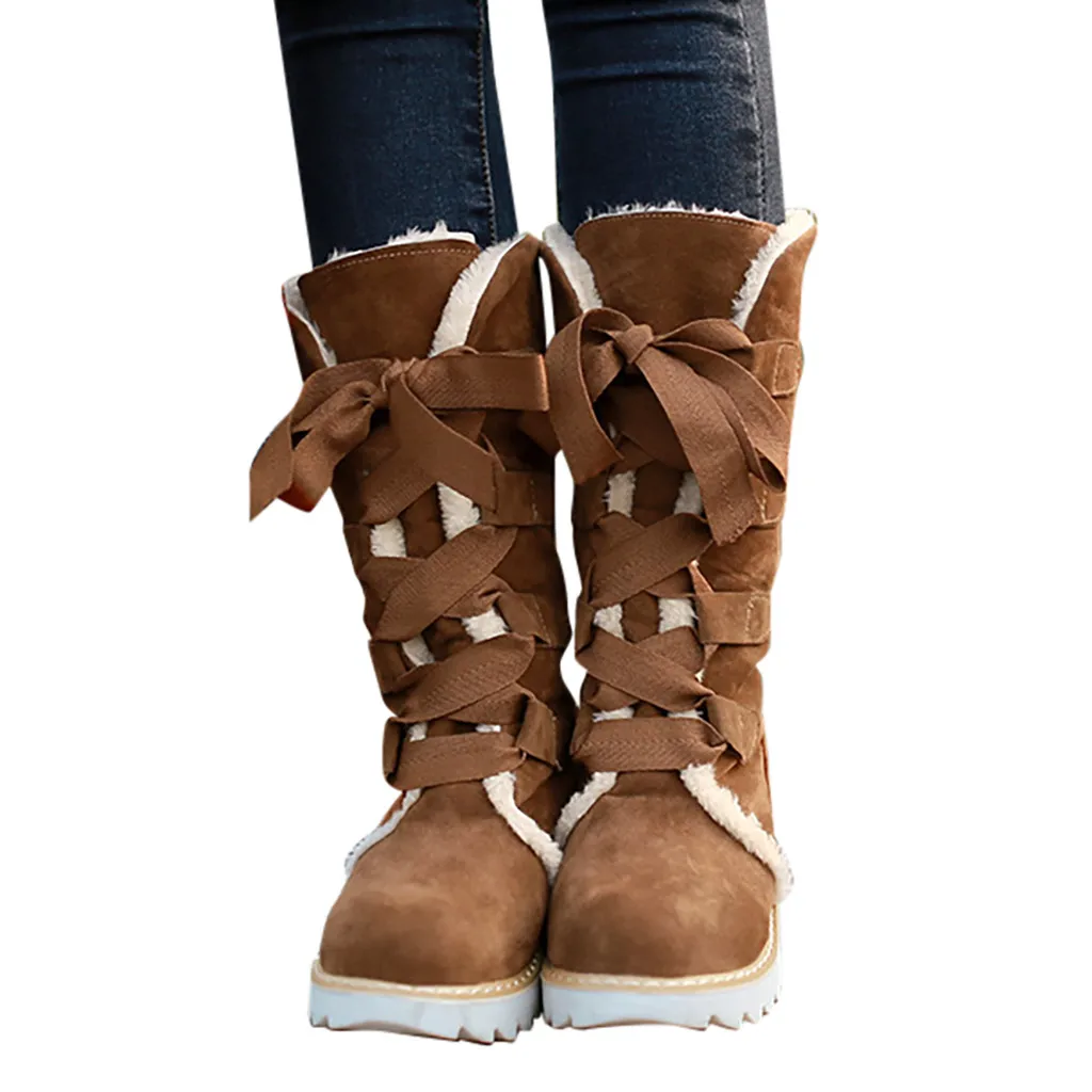 Зимние ботинки до середины икры с бархатом модные однотонные круглым носком на