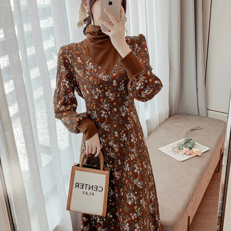

French Retro Long Sleeve Turtleneck Bottoming Dresses 2021 Spring Patchwork Women Chiffon Maxi Dress Vestido De Mujer vestido