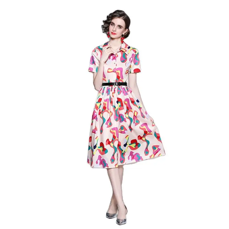 

Temperament Color Graffiti High Waist Slim Sashes Printed Ladies Mid Length Dress Short Sleeve Lapel Single Breasted Clothes