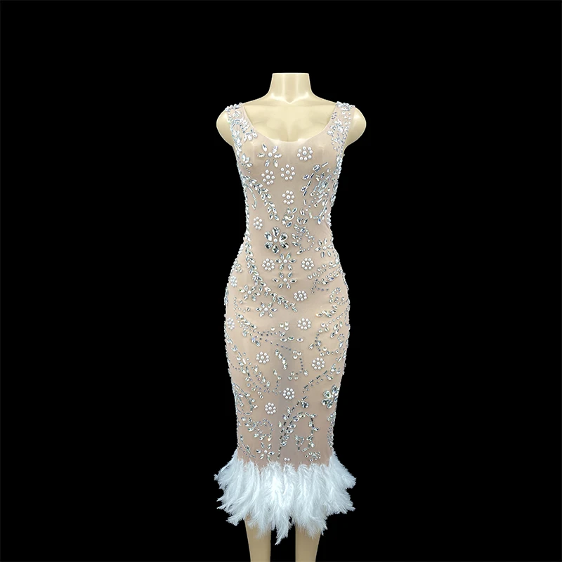 

Прозрачное Сетчатое платье с камнями и жемчугом, сексуальный костюм с перьями, женская одежда для выступлений, вечерний костюм для певицы ...