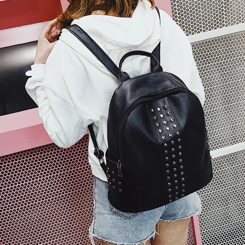 

NEW-Rivet Decorated Women's Backpack Fashion Punk Style PU Leather Student School Bag Outdoor Travel Backpack