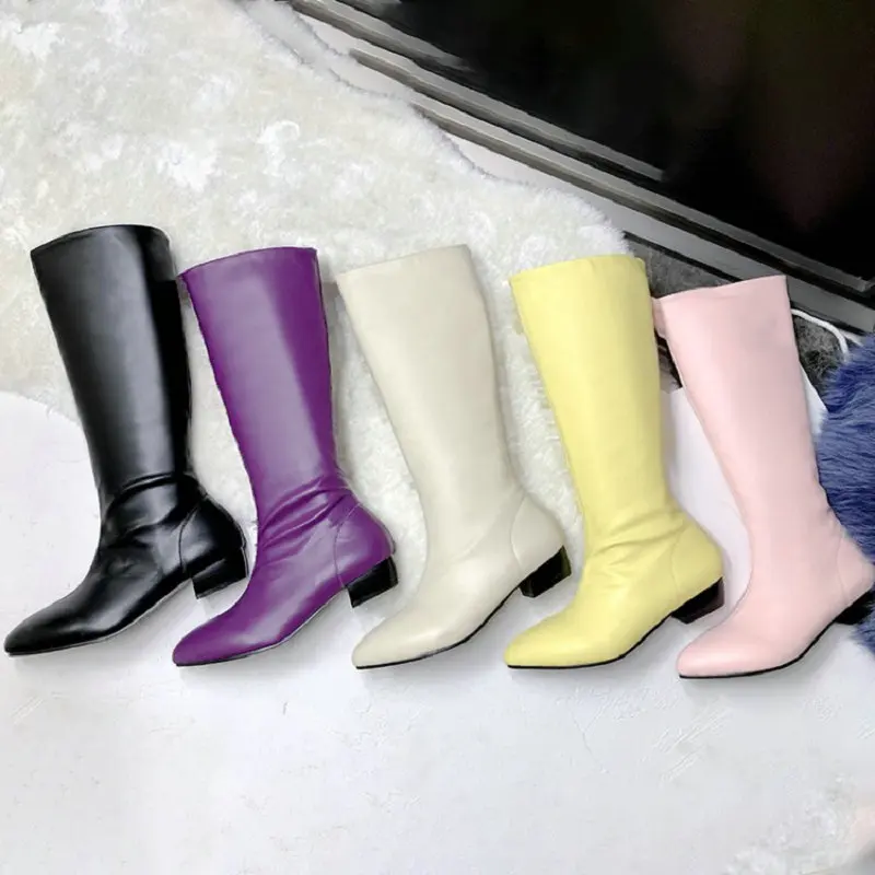 ZawsThia winter autumn yellow purple pink woman boots pointed toe low square heels mid-calf boots for women big size 34-48