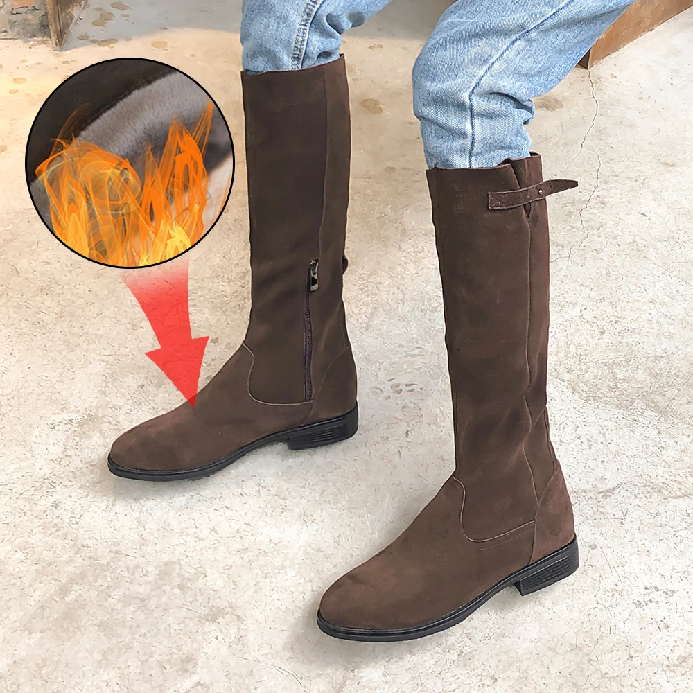 

Plus Size 34-43 New Autumn Winter Mid-calf Women Boots Flats Heels Warm Plush Genuine Leather Boots High Quality Knee High Boots