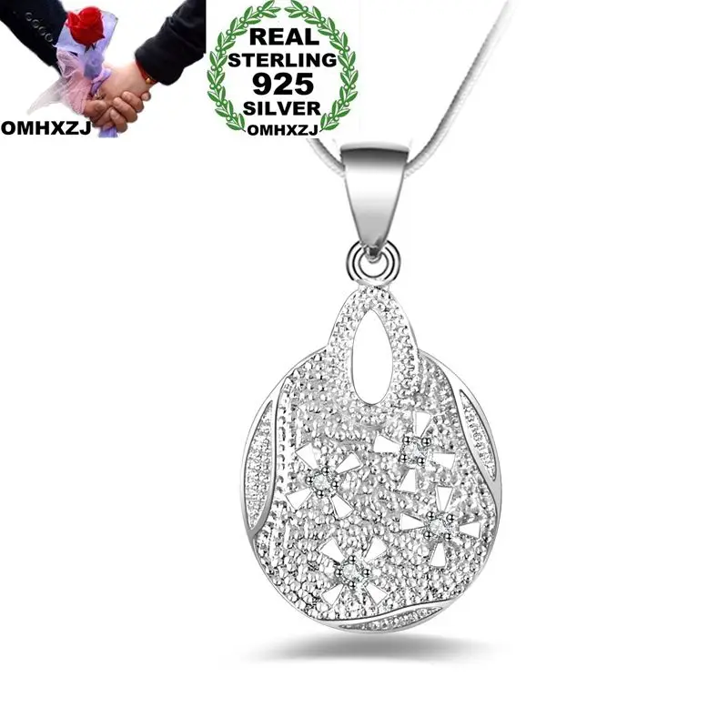 

OMHXZJ Wholesale Personality Fashion Woman Girl Gift Silver Hollow Round AAA Zircon 925 Sterling Silver Pendant Necklace NC112