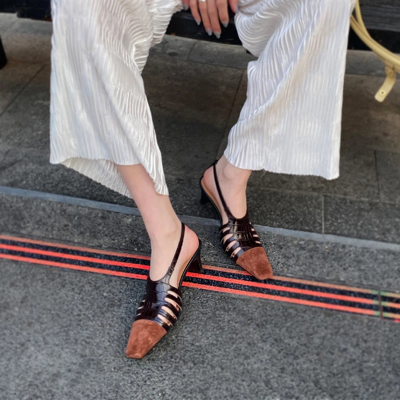 

QUTAA 2021 Square Toe Buckle Fashion Women Shoes Kid Suede Genuine Leather Cut Outs Sandals Summer Female Square Heels Size34-40