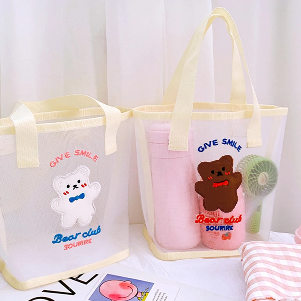 

Portable Kids Sea Bag Foldable Beach Tote Women Mesh Bag Bow Tie Bear Embroidery Tote for Travel Shopping Outdoor