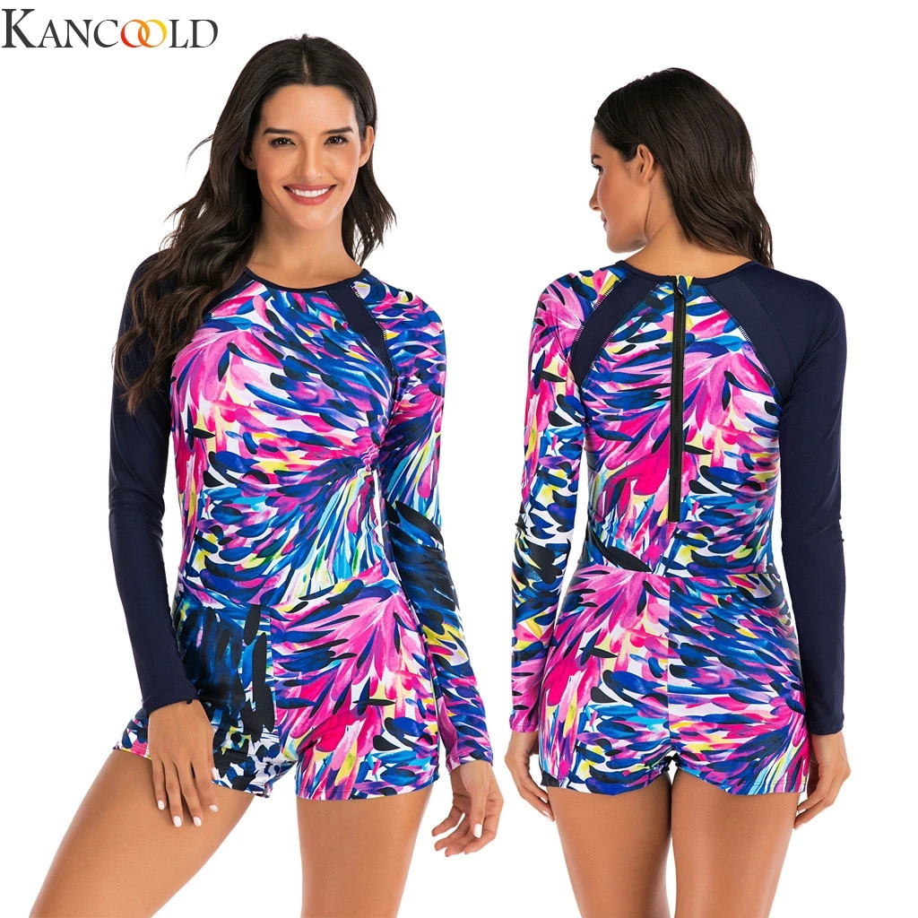 

KANCOOLD Diving One Piece Swimsuit Print Long Sleeve Women Swimwear Bathing Suit Rash Guard Surfing Swimming Suit Rashguard