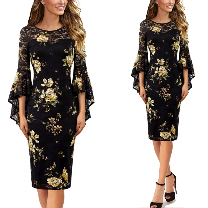 Black Yellow Flower Vfemage женское осеннее Элегантное Длинное расклешенное модное винтажное вечернее коктейльное облегающее платье-футляр с расклешенными рукавами 1703 - Цвет: Black Yellow Flower